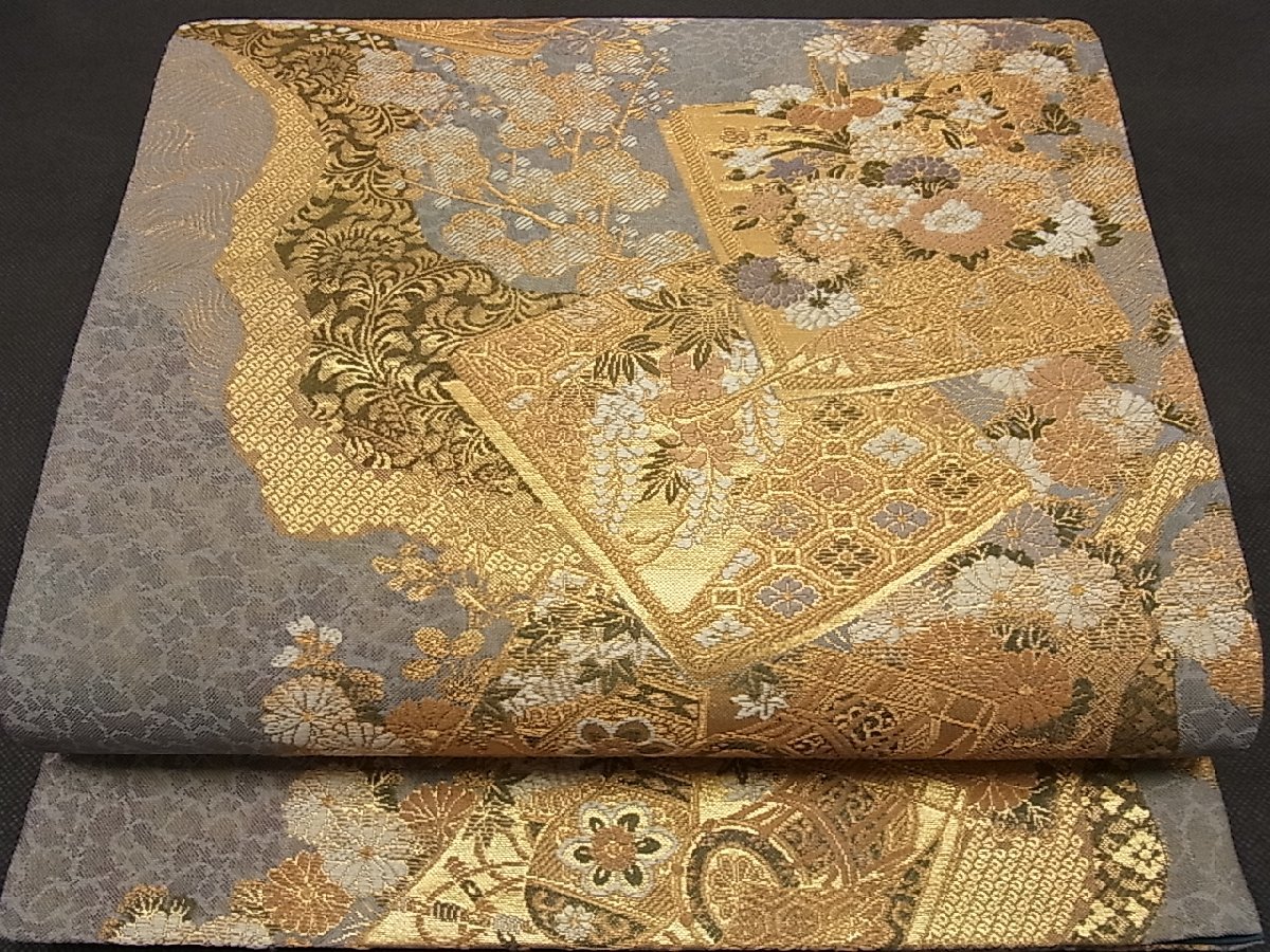 金糸 唐織 逸品 正絹 平和屋着物◎六通柄袋帯 銀糸 色紙花文