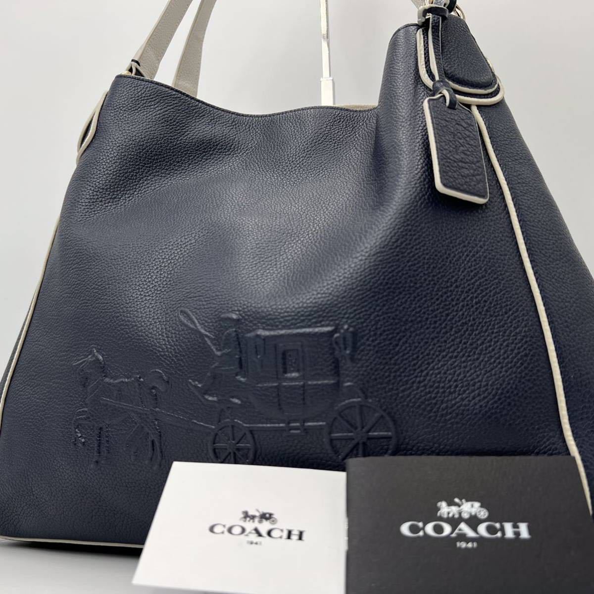 1円 【未使用】高級品 COACH コーチ ハンドバッグ ショルダー ビジネス トート オールレザー シボ ネイビー ホースロゴ メンズ レディース
