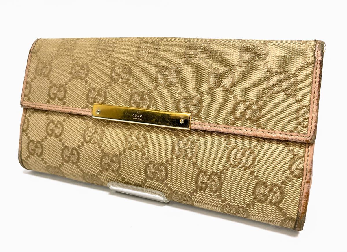 グッチ 1127150416 レザー ピンクベージュ 長財布 GGキャンバス 