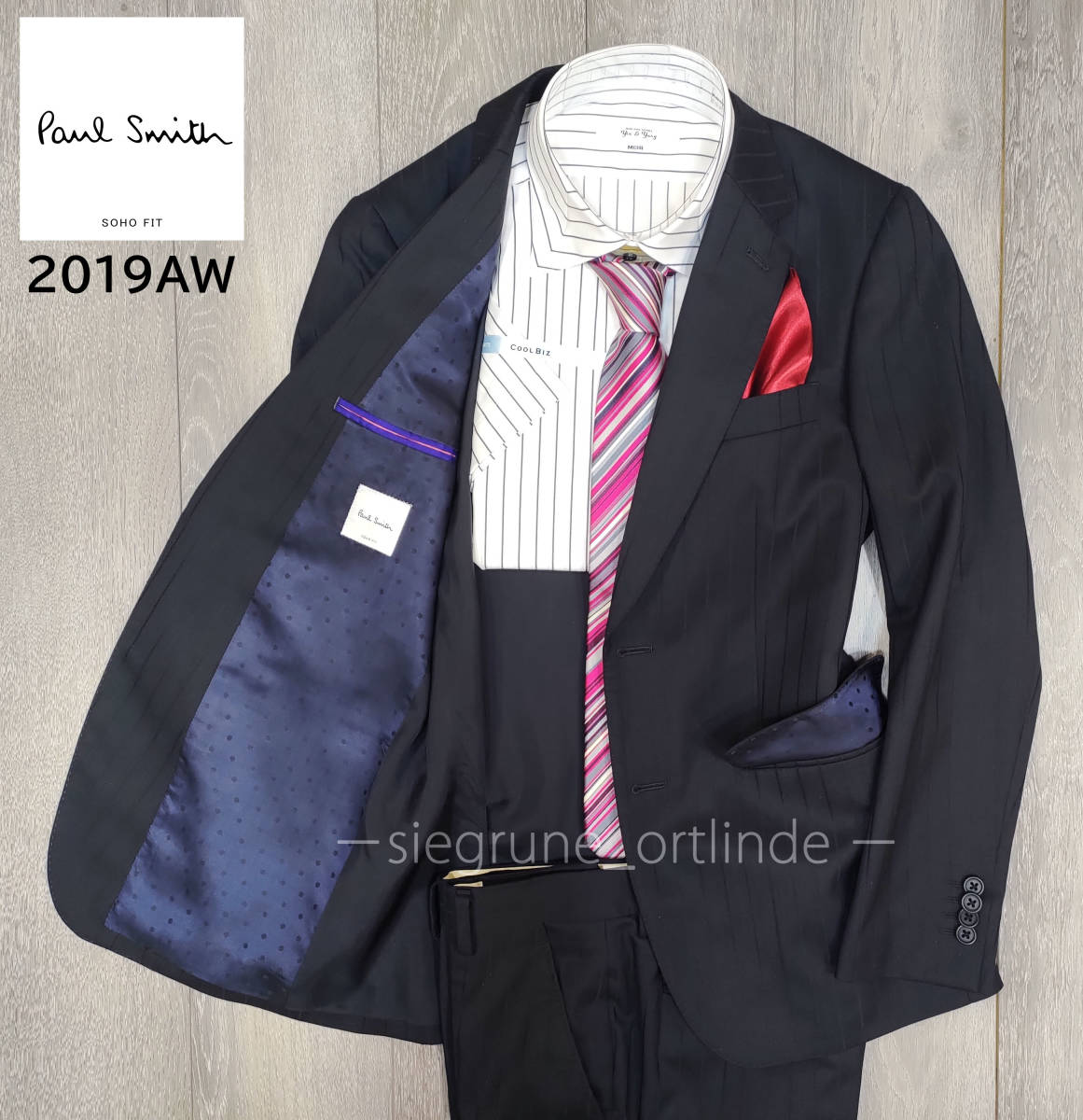 現行 極美品 ポールスミス SOHO 光沢 裏地ドット ストライプ 黒 背抜きM 美品】ポールスミス 2019AW SOHO FIT 微光沢ブラック 水玉裏地 スーツ