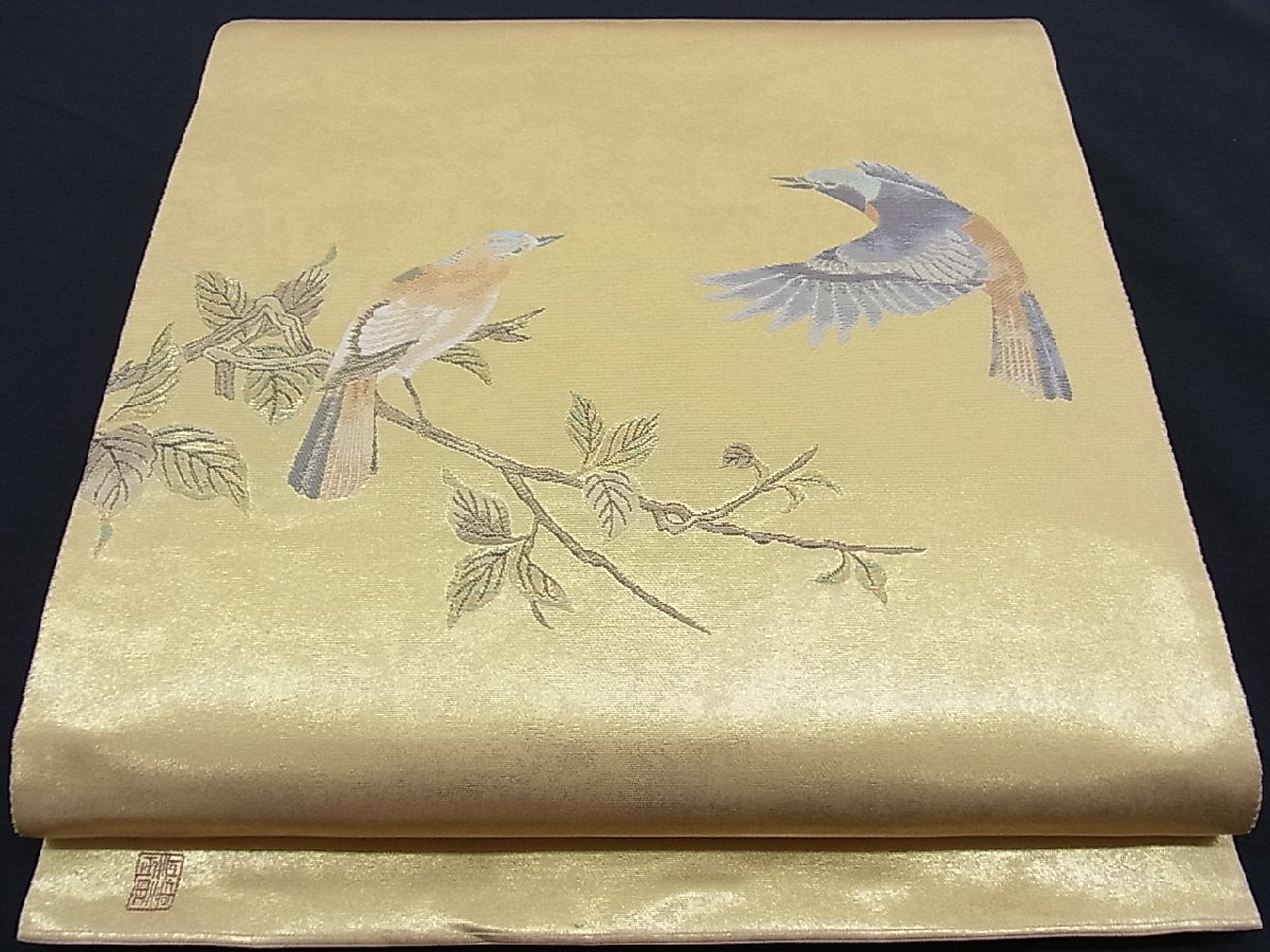 着物屋ほのか□六通太鼓柄袋帯 作家物 枝葉鳥文 本金箔 逸品 th0178