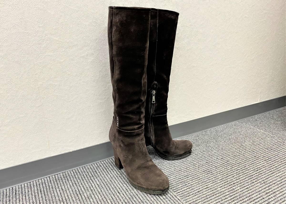 916】プラダ PRADA ロングブーツ 35.5 スエード ダークブラウン 