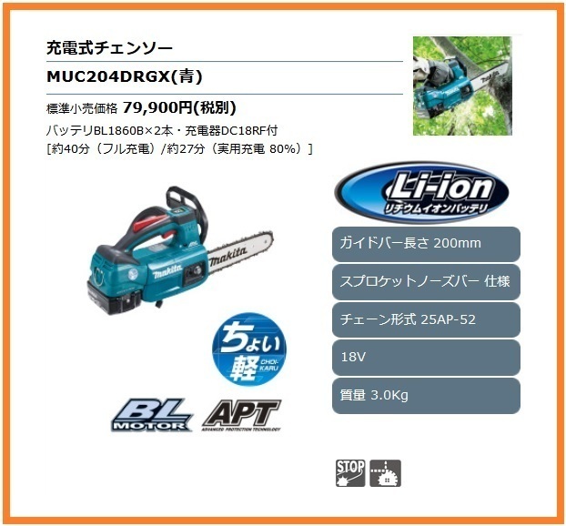 マキタ 充電式チェンソー 200mm スプロケットノーズバー