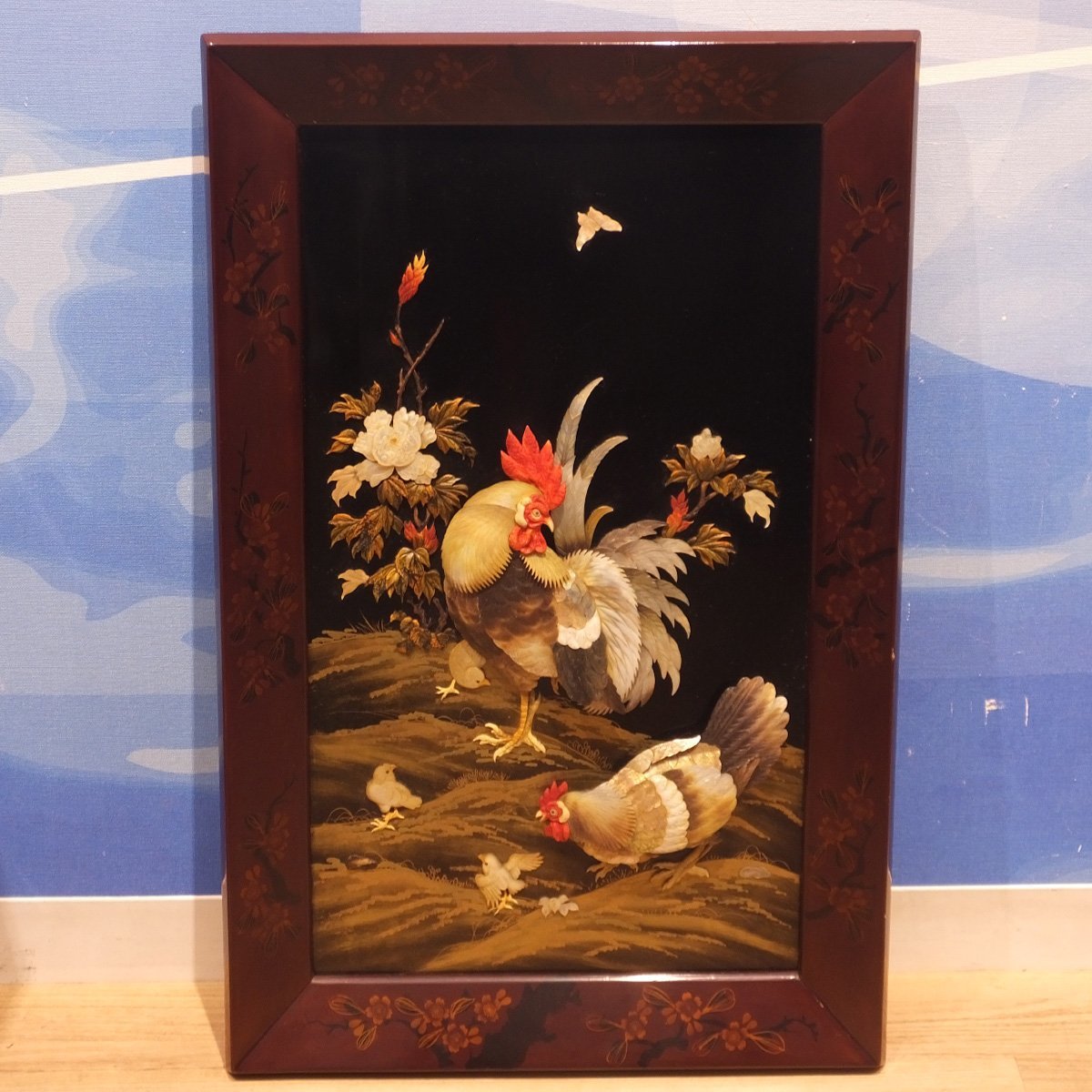BK683　明治期　芝山細工　花鳥花籠図　壁飾り　飾額　象嵌細工　蒔絵　芝山象嵌 明治期⁄芝山細工⁄「花鳥図」⁄壁飾り⁄飾額⁄象嵌細工⁄蒔絵⁄漆芸⁄芝山漆器