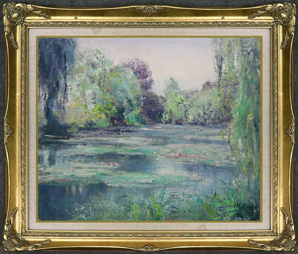 真作 WISH 河本正 日本画 10号 金落款 水辺林風景 〇創日会顧問 日府展