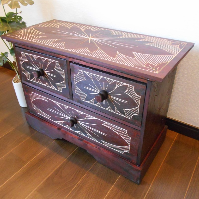 アジアン家具 バリ家具 花柄模様 チェスト 収納家具 完成品家具
