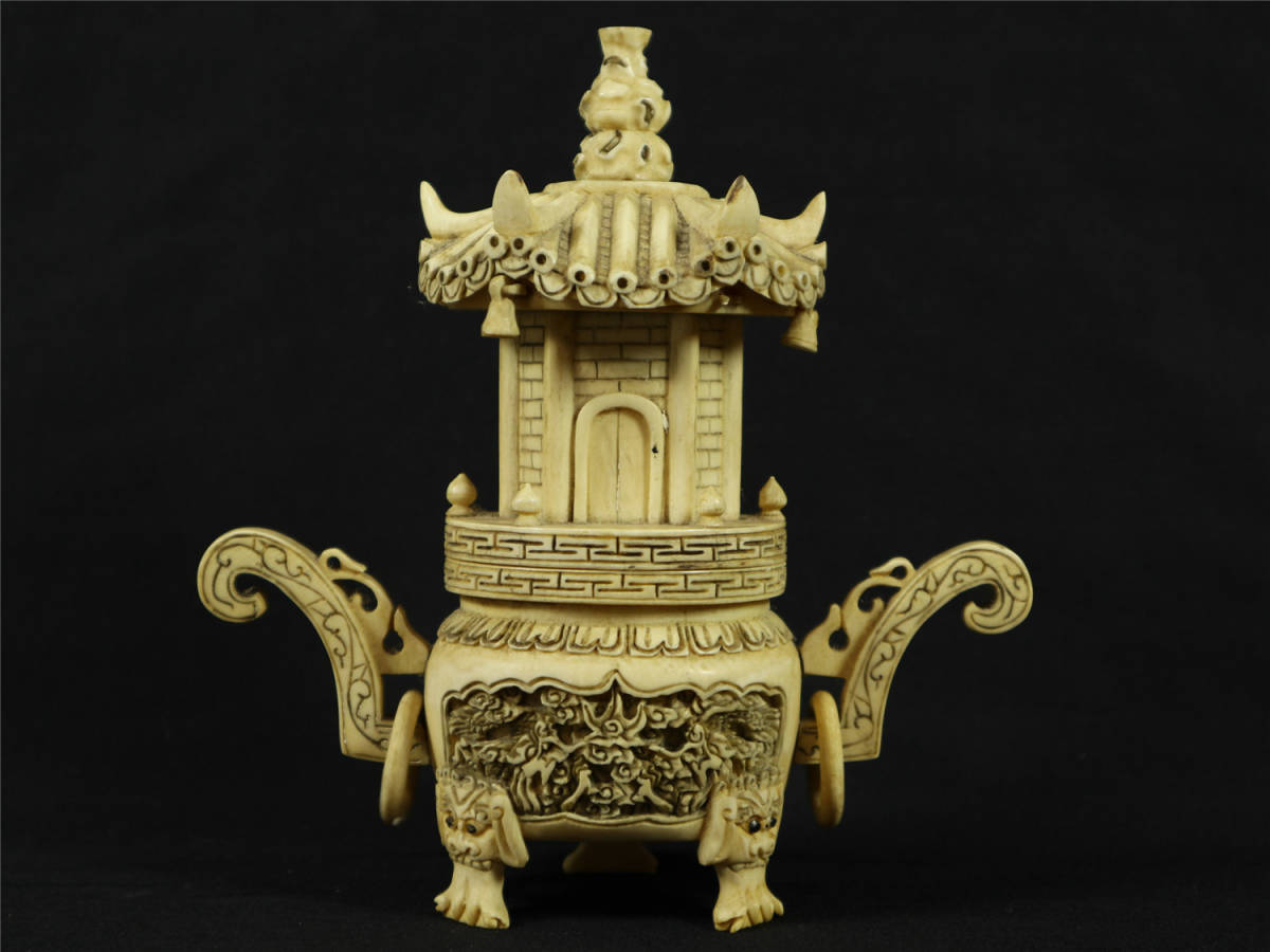 東洋彫刻 獅子文三足香炉蓋物置物 象牙風 置物 マンモス 象牙調 【公式 
