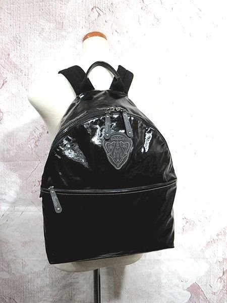 ◆美品◆GUCCI グッチ◆バックパック リュックサック コーティングキャンバス×レザー A4可 ロゴプレート メンズ シルバー金具 黒 ブラック