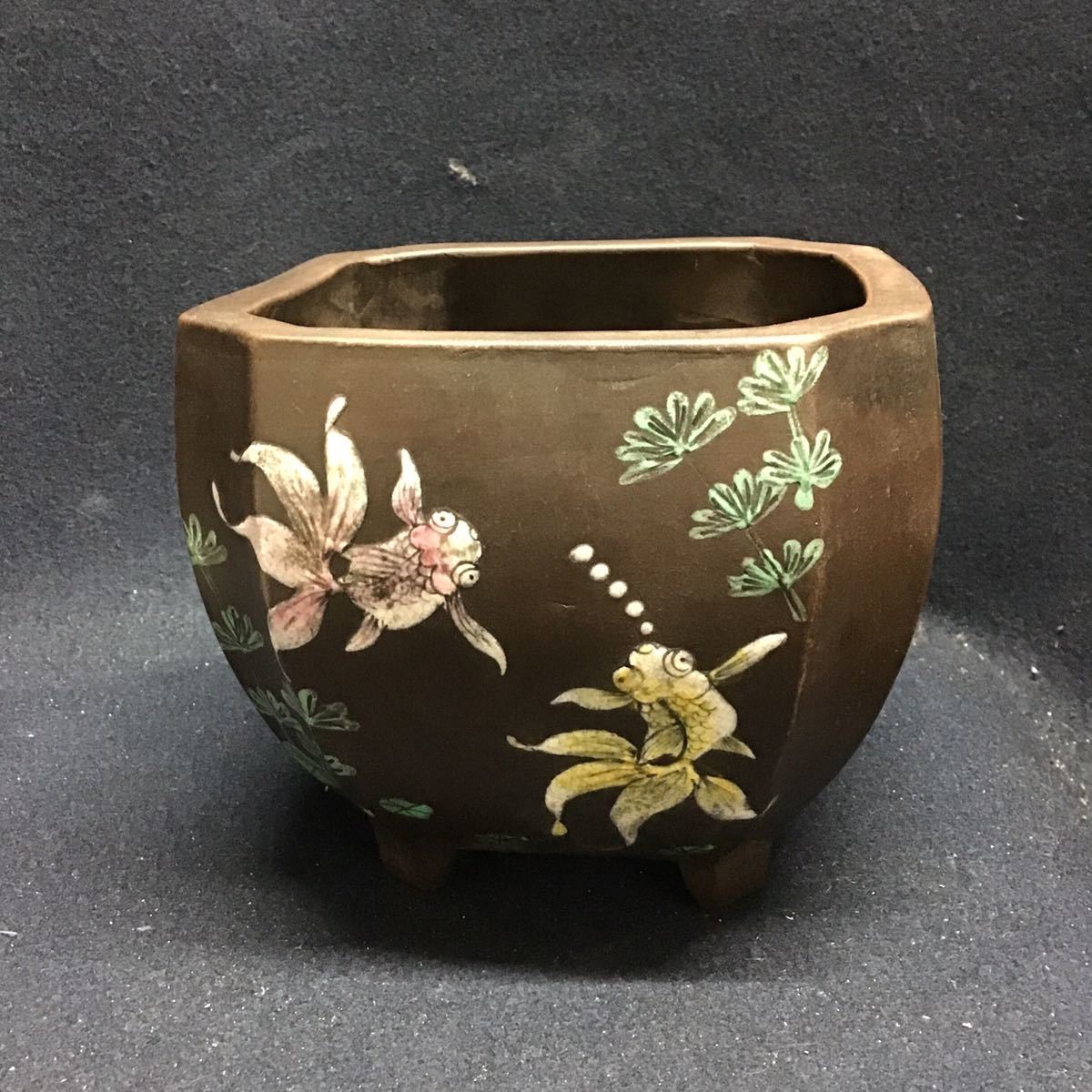 中国美術 朱泥 扇形 花盆 鐡画軒 在印 植木鉢(HA514) 紫泥金魚圖植木鉢 朱泥四足鉢 中国美術 【公式通販】