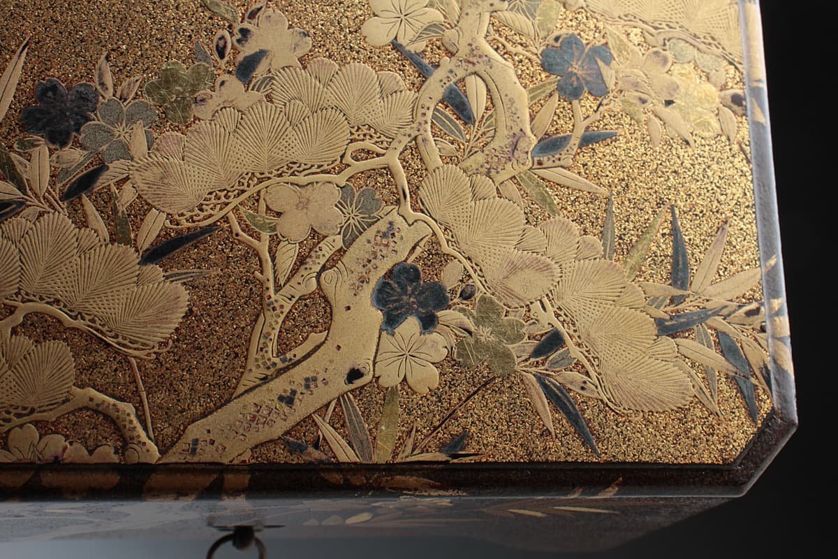 ZL384 時代蒔絵 金梨地 雲月松竹梅蒔絵香箱 幅13.5cm・本梨地松竹梅金