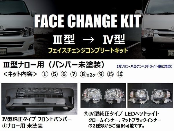 ハイエースナロー純正Fバンパーフォグライトスムージング塗装込み　対応可能のみ 200系ハイエース ナローボディ用 【3型→4型】フェイスチェンジキット