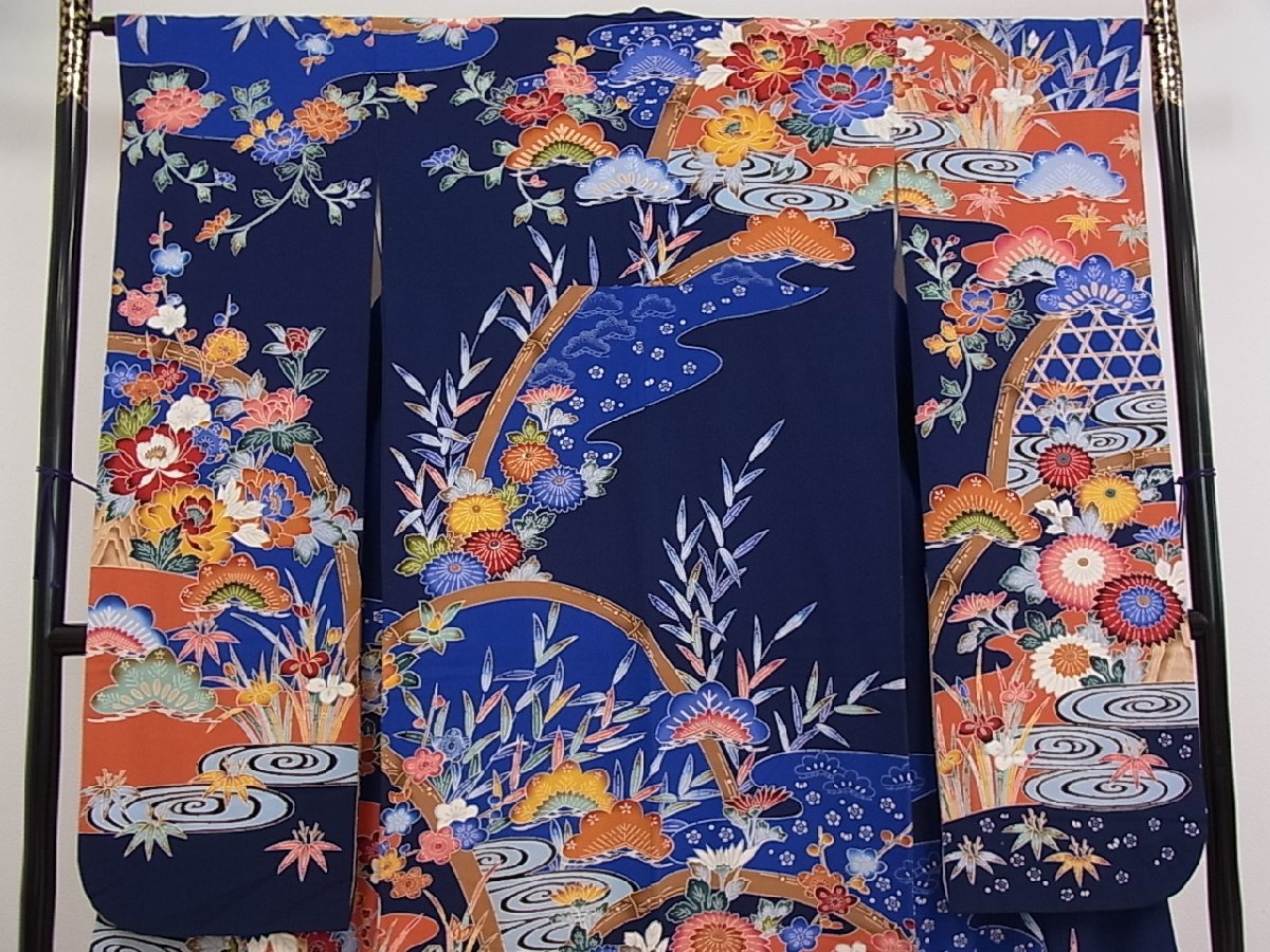 逸品 駒刺繍 xg1858 花美人着物□豪華振袖 金彩 絞り 几帳御所車花文