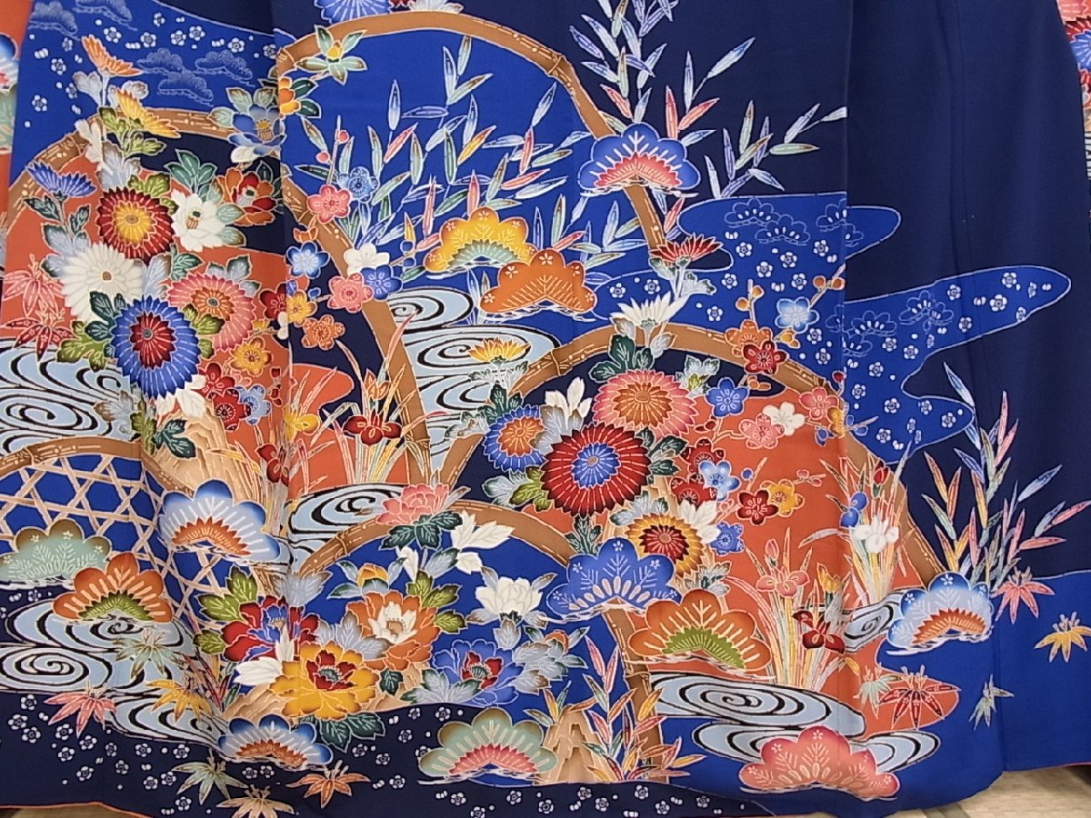逸品 駒刺繍 xg1858 花美人着物□豪華振袖 金彩 絞り 几帳御所車花文