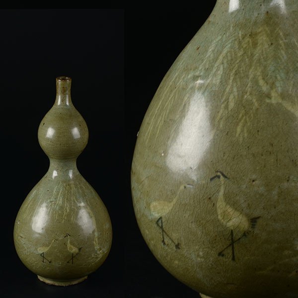 加】1124e 青磁象嵌柳鶴紋瓢箪瓶 高さ38cm 青磁瓶 李朝 【公式通販】