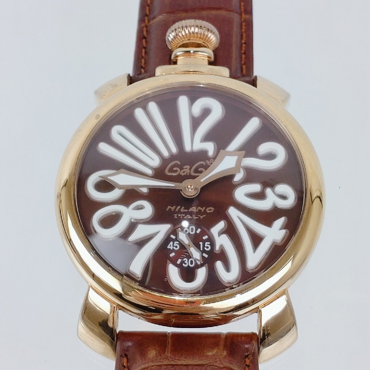GaGa MILANO　CARICA MANUALE 48㎜　手巻き　[稼働品]　ブラウン×ゴールド　レザーベルト　ケース・外箱付　ガガミラノ　マニュアーレ