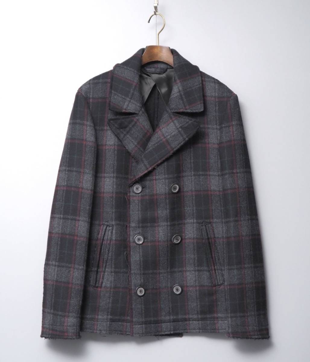GM5591◎LANVIN ランバン メンズ46 チェック柄 ウール 6B Pコート ピーコート ショートコート カットオフ加工