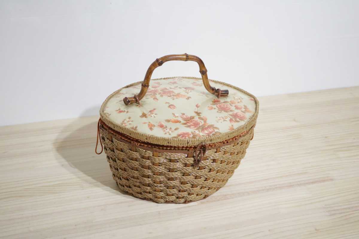 PENNEYS ぺニーズ アンティーク 花柄 フラワー ソーイングバスケット ソーイングボックス 裁縫箱 針箱 小物入れ 籠ブロカント ヴィンテージ