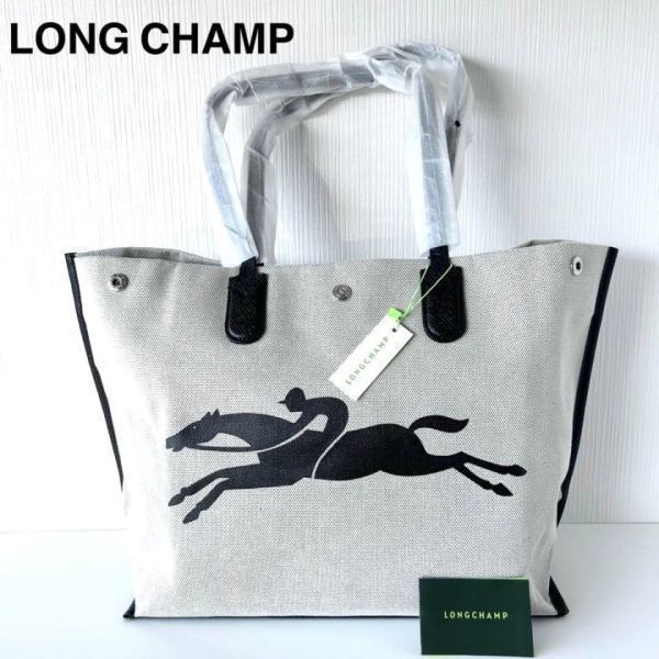 ★定価4.9万 大人気★ロンシャンLONG CHAMP★新品 キャンバス トートバック ロゾLサイズ★女性レディース/ブラックレザー/コットンエクリュ