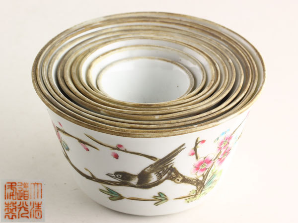 中国美術 大清道光年製 粉彩 花鳥図 入子碗 10客