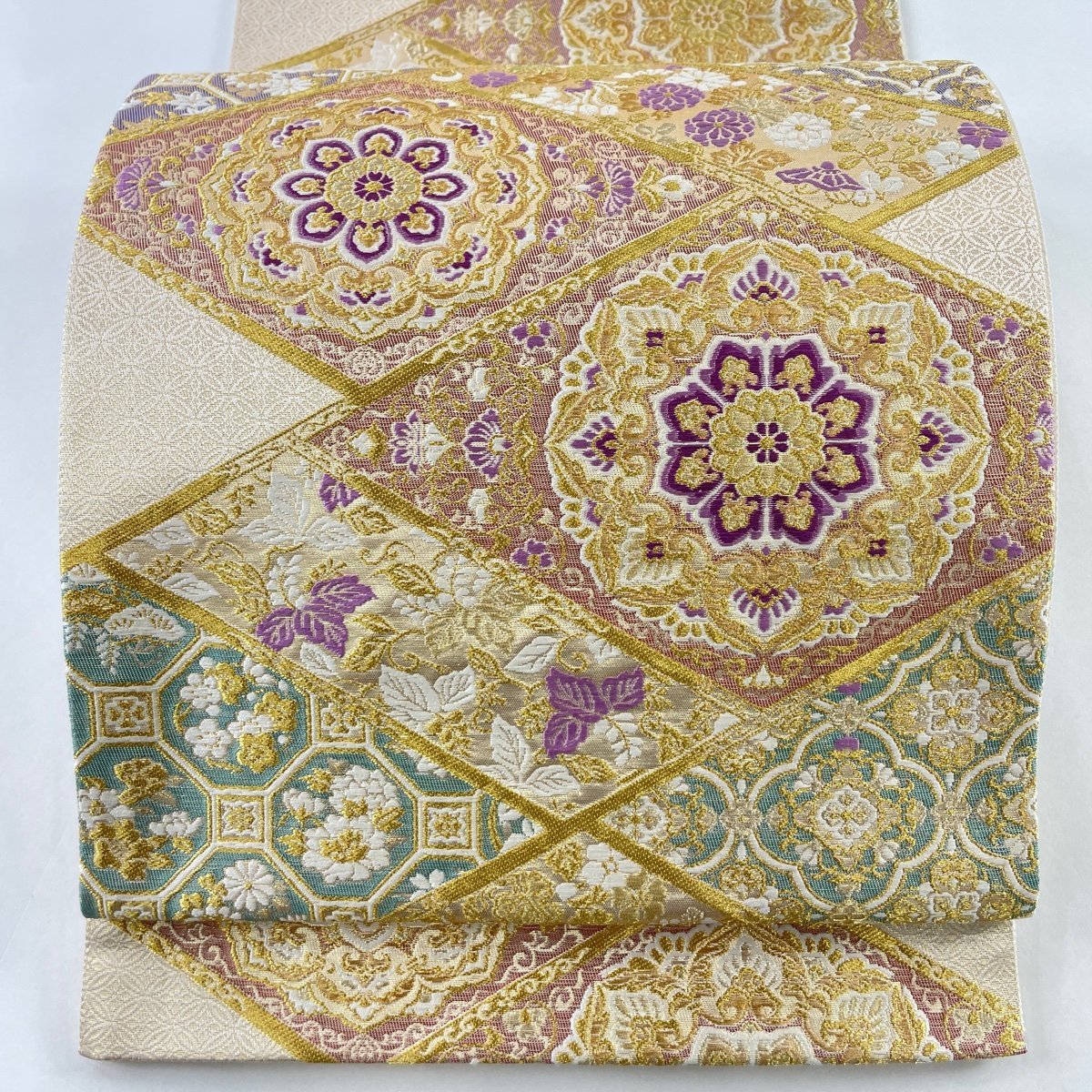 袋帯 名品 落款 じゅらく帝王紫 華文 蜀江文 金糸 箔 金色 六通 正絹 【中古】