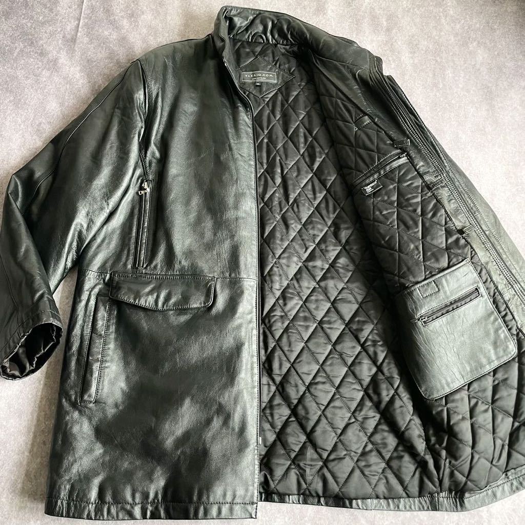 《TAKA Q:タカキュー》大きいサイズ 羊革 シープスキン レザーコート(3L)秋冬 極暖 サーモライト 中綿キルティング 黒/ブラック メンズ