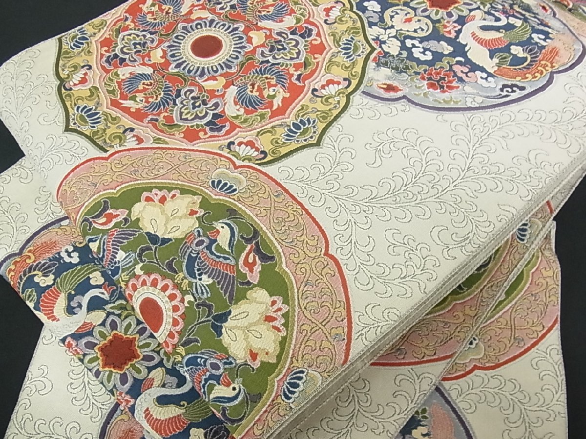 花美人着物□六通柄袋帯 鳳凰花唐草絵皿文 向い鳥