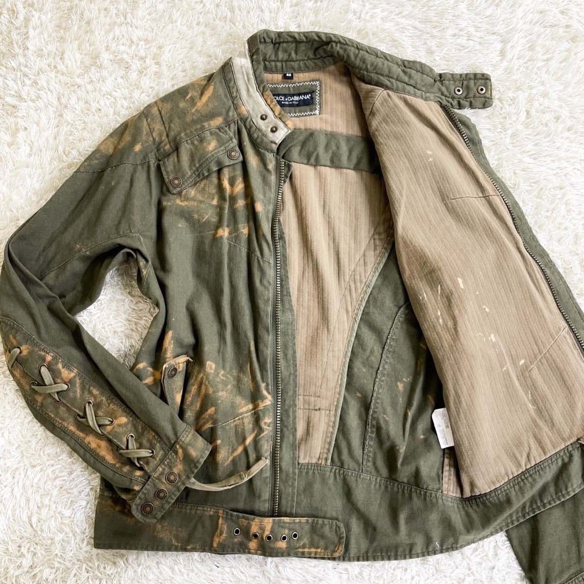 ドルチェ＆ガッバーナ DOLCE & GABBANA デニム ライダースジャケット 46(M相当) レースアップ ミリタリー ジップ ベルト カーキ メンズ