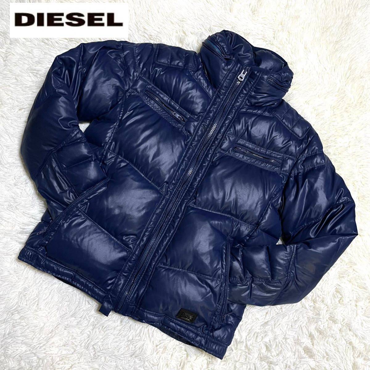 XL《極上品》2way DIESEL ディーゼル ダウンジャケット ダウン90% 2way フード収容可能 ネイビー ブルー 紺 青 1円～ メンズ