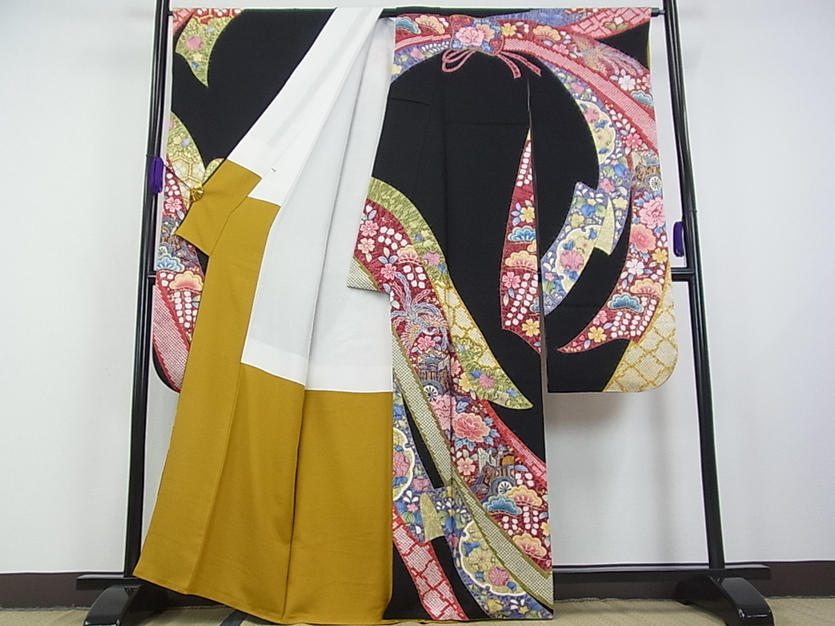 平和屋□極上 振袖・長襦袢・袋帯セット 束ね熨斗御所車花文 黒地 金彩 