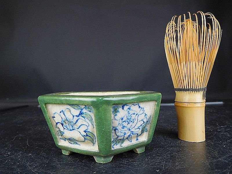 盆栽 樂屋】◇山田重俊 染付額絵六角鉢 A78 (出来最高)(手作り一点物