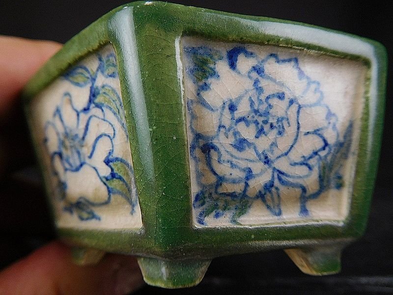 盆栽 樂屋】◇山田重俊 染付額絵六角鉢 A78 (出来最高)(手作り一点物