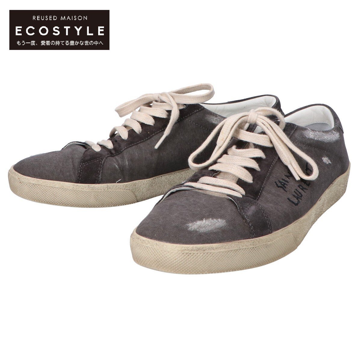 【1円】SAINT LAURENT PARIS サンローランパリ 549403 USED加工 ロゴ刺繍キャンバス ローカットスニーカー シューズ 42 グレー系 メンズ