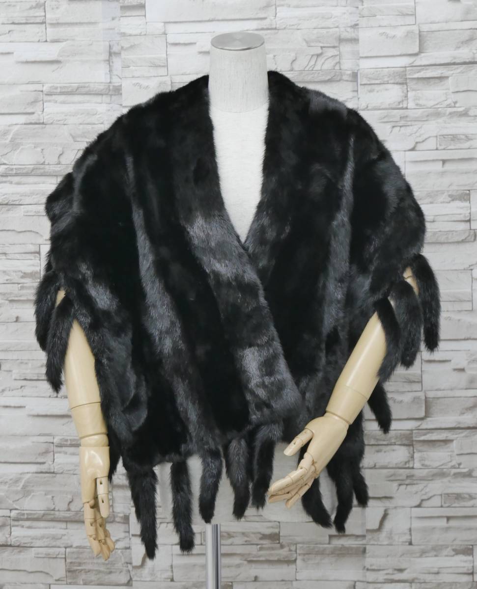 ■ブラックミンク■ショール■130cm×45cm■アップダウン加工■フリンジ付き（46本）■レアデザイン■