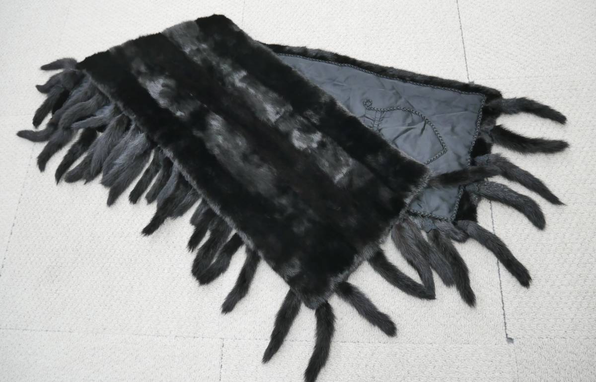 □ブラックミンク□ショール□130cm×45cm□アップダウン加工□フリンジ 