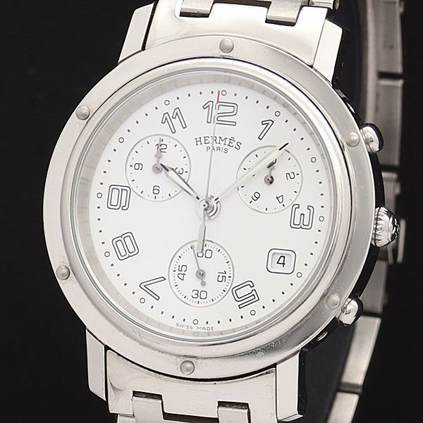1円 稼働 良品 エルメス QZ CL1.910 クリッパー クロノグラフ デイト 白文字盤 メンズ腕時計 8443600◇