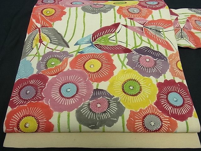 平和屋着物■九寸名古屋帯　型染め　花蝶文　御召縮緬　逸品　ha2064