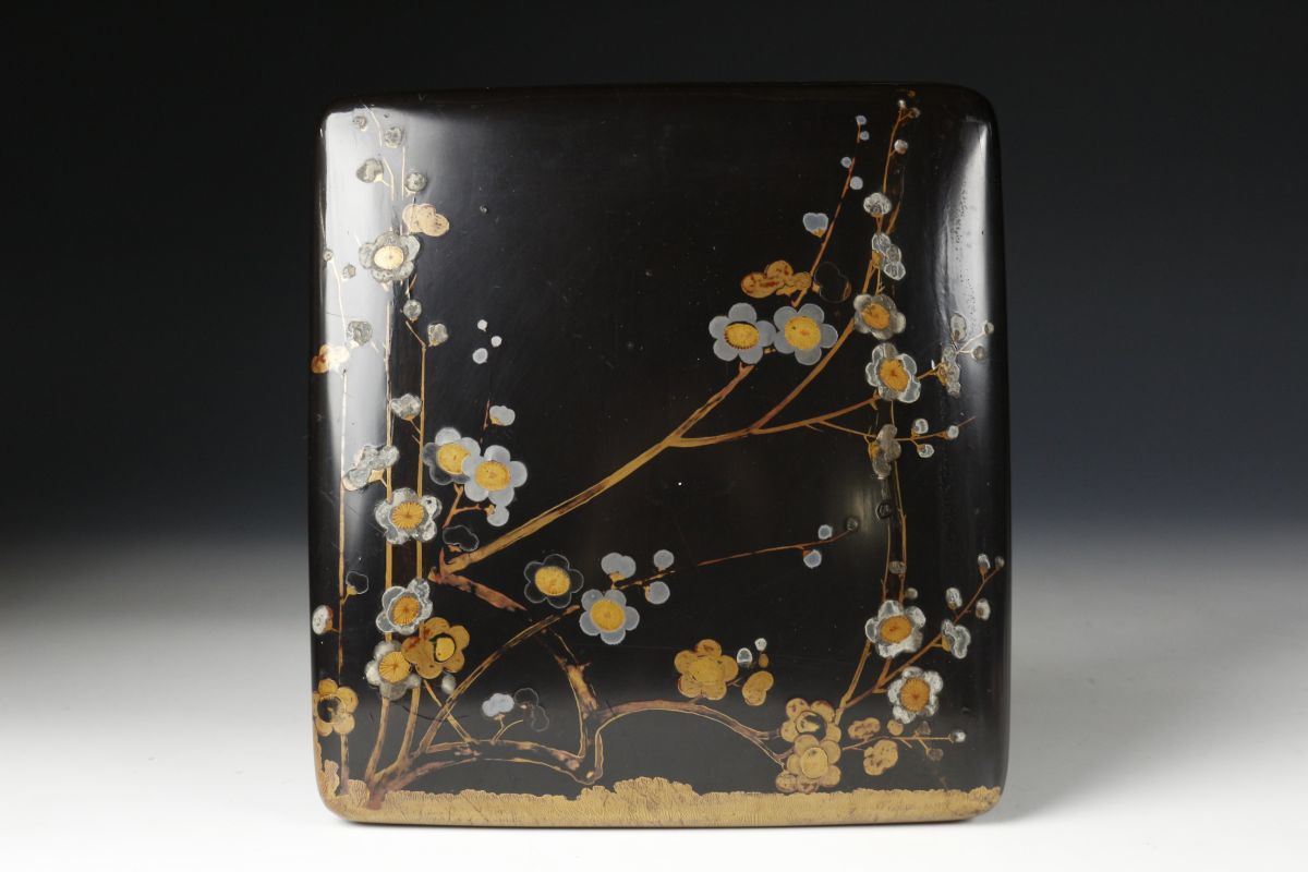 LIG】時代物 金蒔絵 螺鈿細工 梅流水蓮図硯箱 書道具 古美術品 [.WI]01