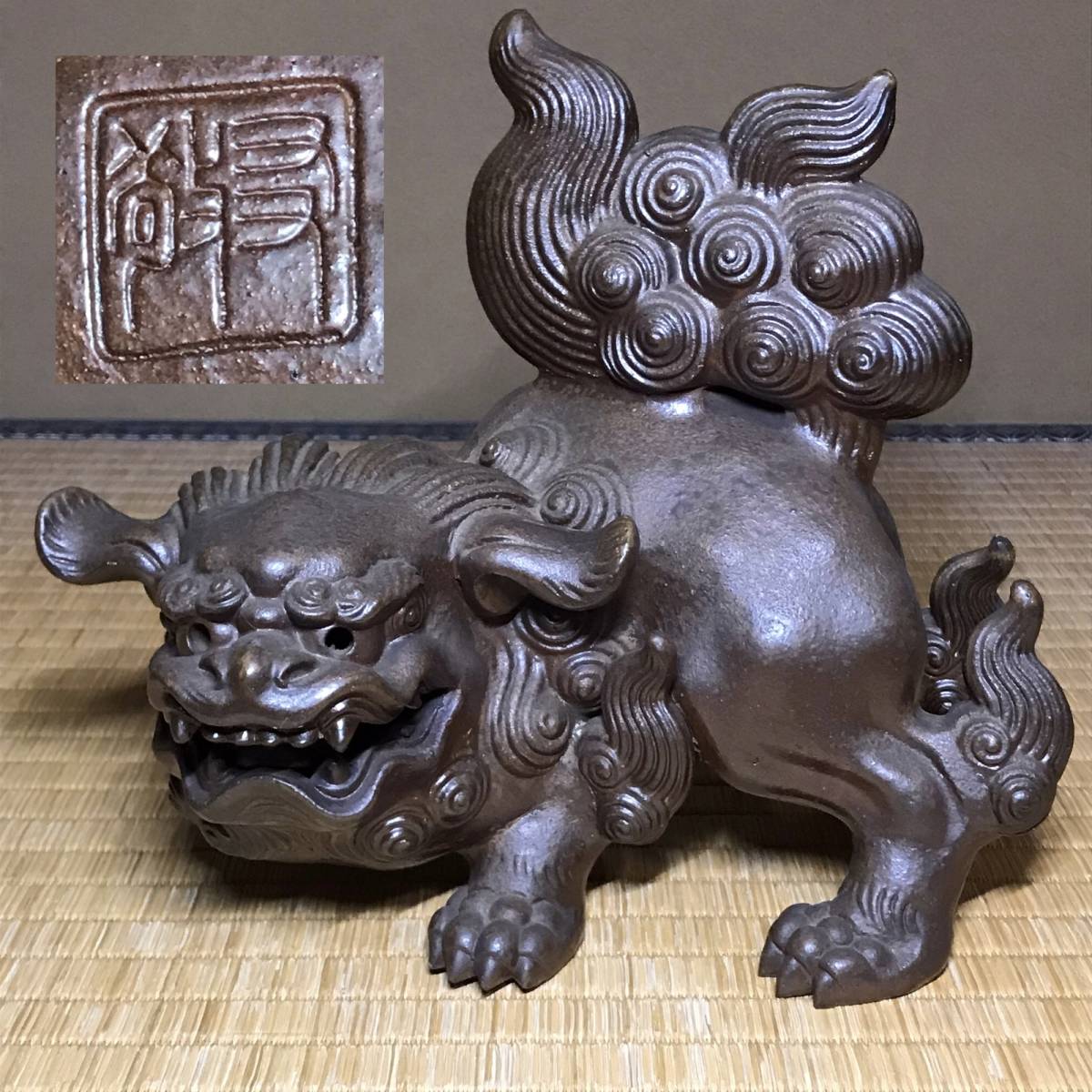 備前焼 獅子 古い備前焼獅子置物 陶印 春芳 牡丹獅子 Yahoo!オークション