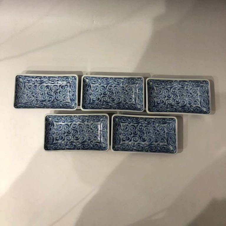 江戸中期 古美術 古伊万里蛸唐草紋様角長皿5枚 長皿