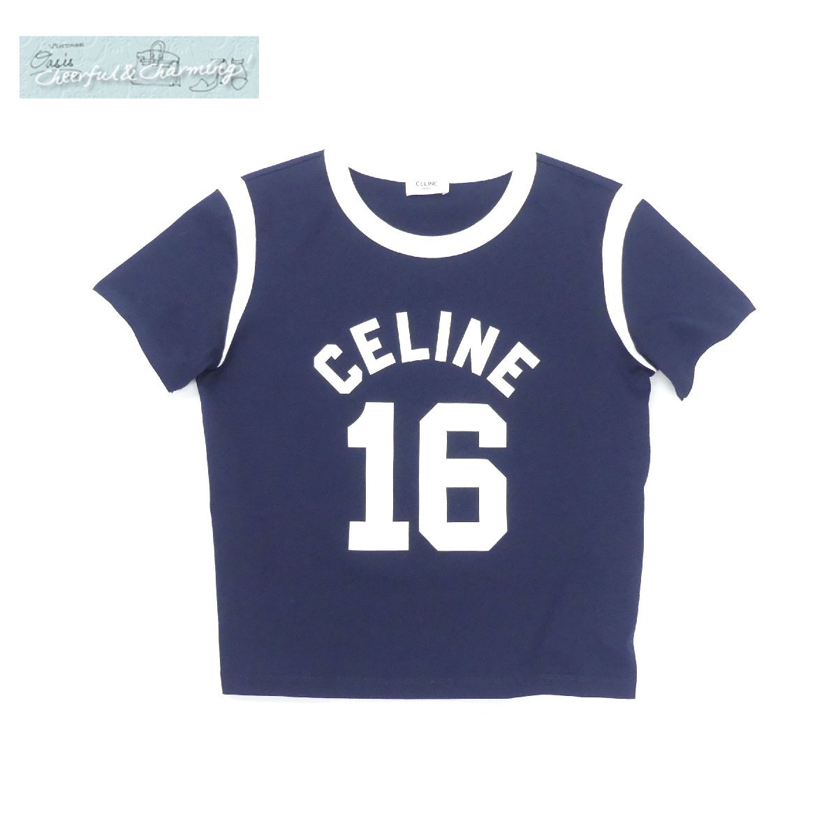 Sランク CELINE 16ボクシーTシャツ XS ネイビー/ホワイト コットンジャージ 22AW 2X54B671Q