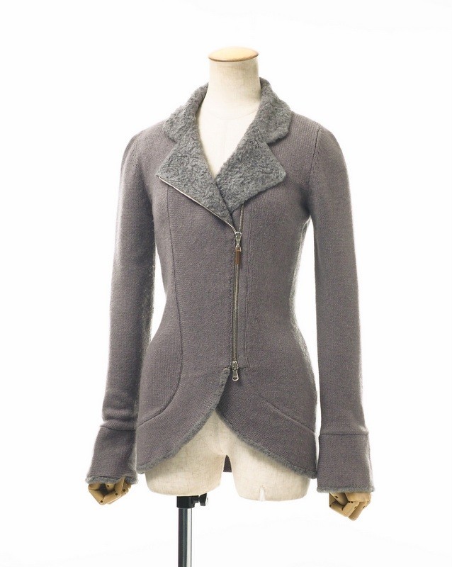 TE2743〇イタリア製*ブルネロ クチネリ/RUNELLO CUCINELLI*カシミヤ100％*シープファートリミング*ニットブルゾン*ジャケット*S*グレー系