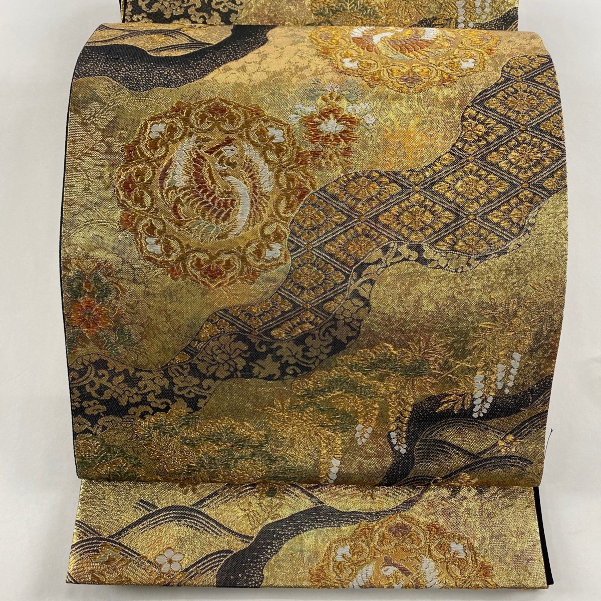 袋帯 美品 秀品 鈴乃屋 寿祥道長取華文 金糸 箔 金色 六通