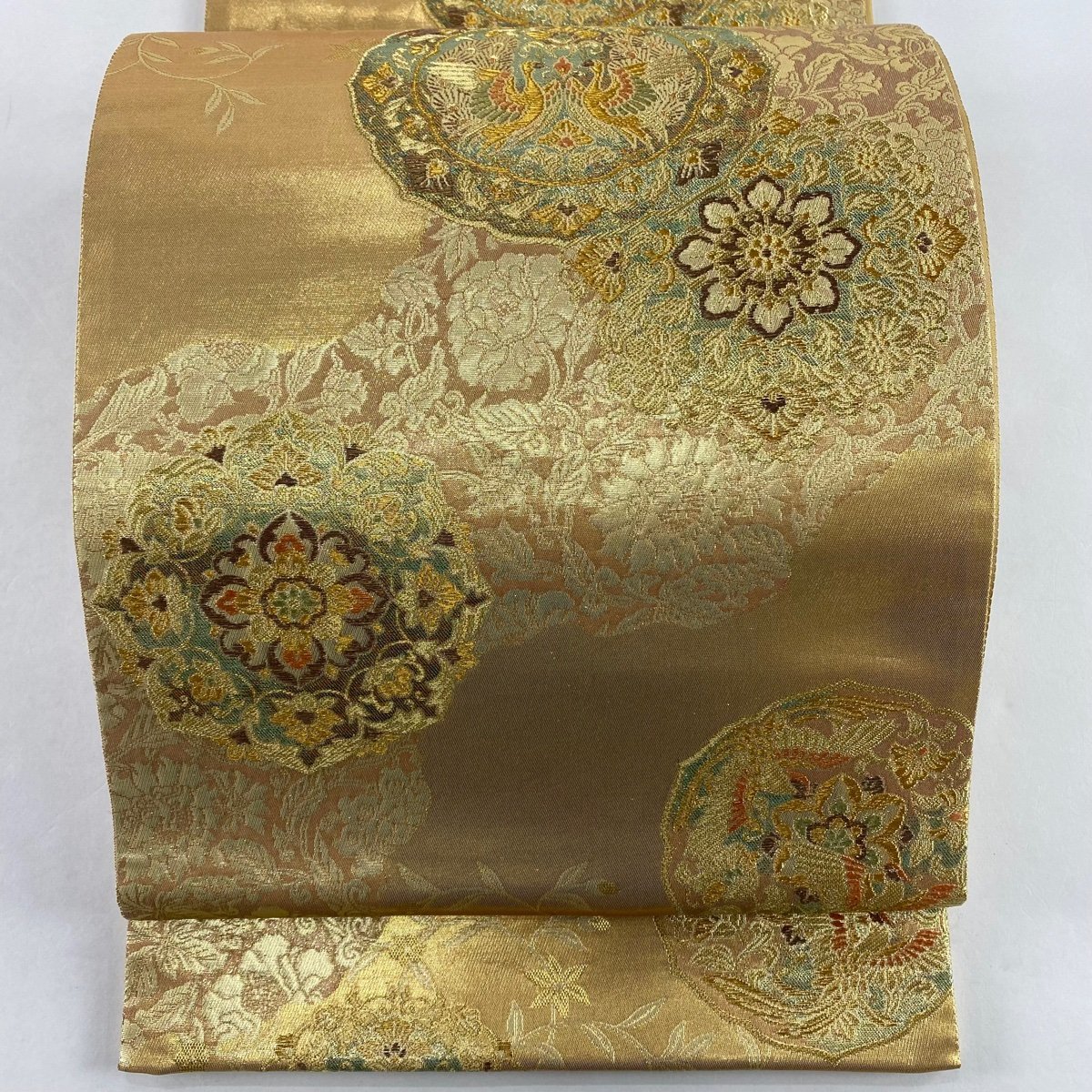 袋帯 美品 秀品 華文 花唐草 箔 茶緑色 六通 正絹 【中古】 【公式通販】