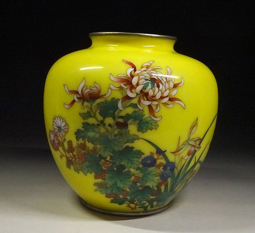緑屋hc□ 古美術品 七宝花瓶 黄色地 菊紋 i9/11-6842/