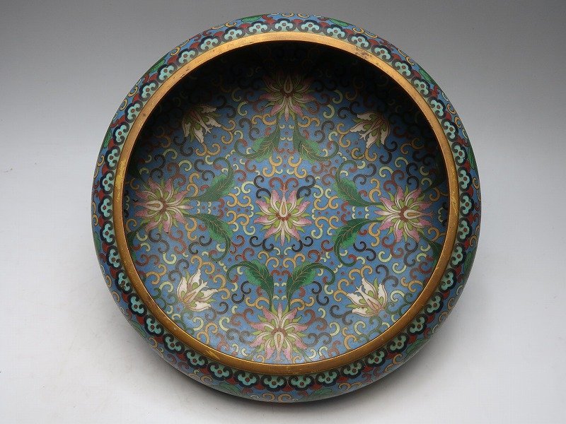 限定セール，人気 【集】013140銅製七宝鉢　花草文絵　中国景泰藍金工七宝