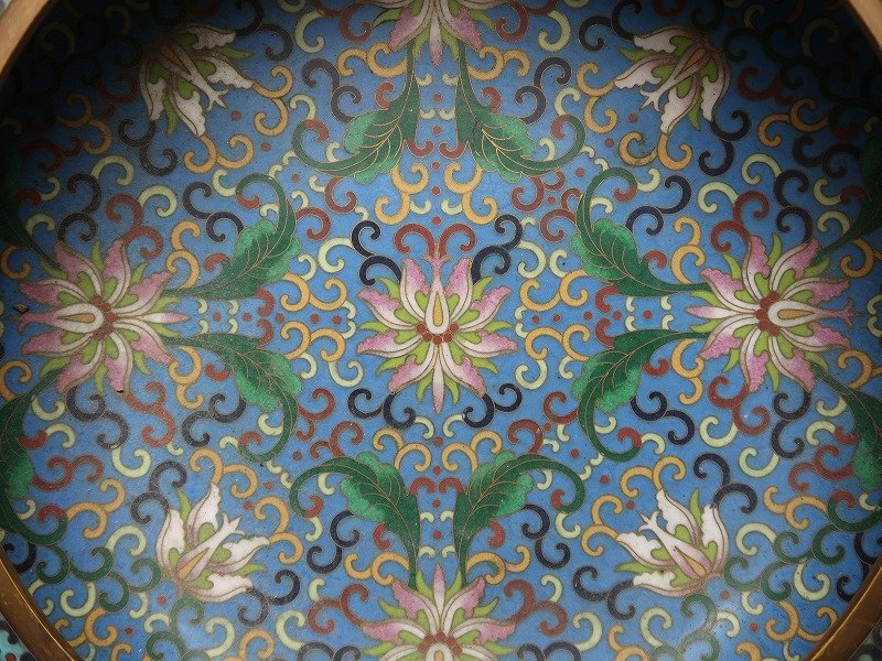 限定セール，人気 【集】013140銅製七宝鉢　花草文絵　中国景泰藍金工七宝