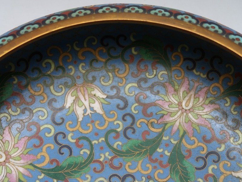 限定セール，人気 【集】013140銅製七宝鉢　花草文絵　中国景泰藍金工七宝