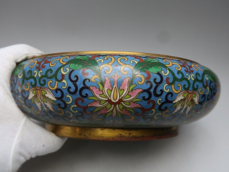 限定セール，人気 【集】013140銅製七宝鉢　花草文絵　中国景泰藍金工七宝
