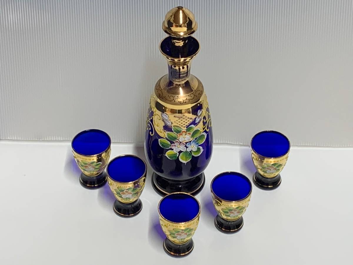 ベネチアングラス 青色 酒器 ショットグラス5客 デキャンタ 箱無し