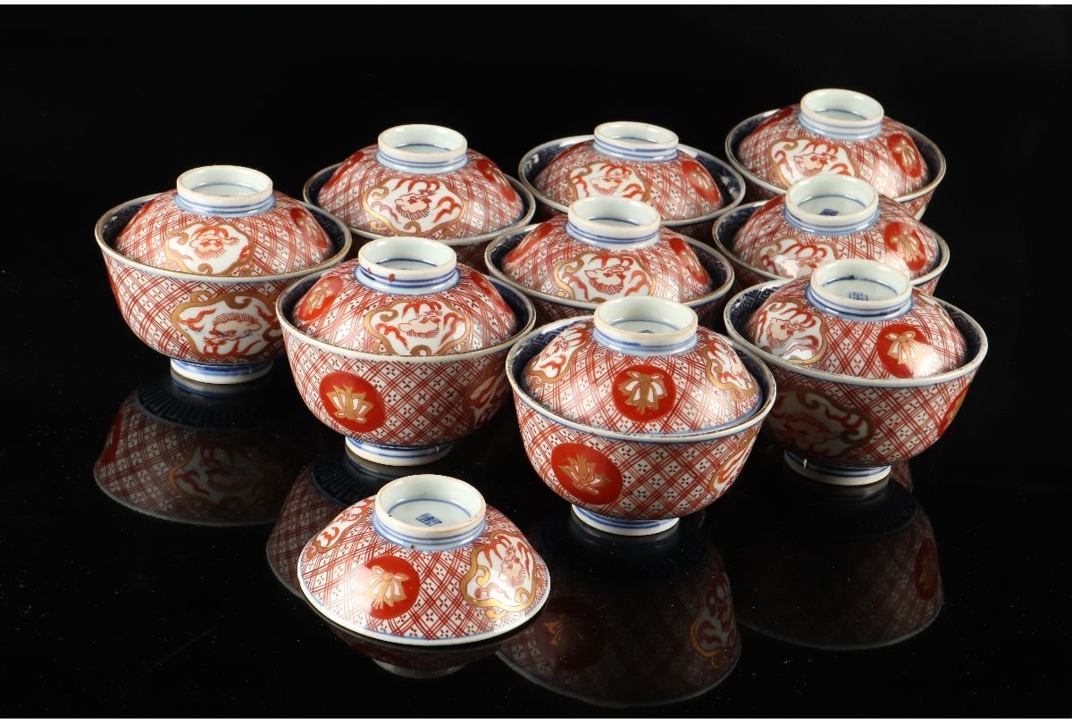 URA]伊万里焼/色絵花龍文蓋茶碗9客/13-2-35(検)骨董/伊万里焼/有田焼